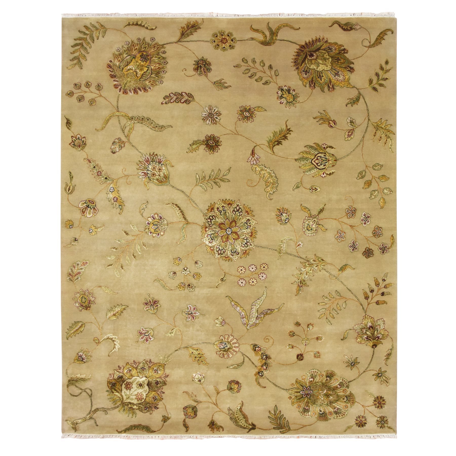 Ecru Brown, Half Wool and Half Silk, Borderless Botanical Design, Densely Woven, Soft Pile, Hand Knotted, Oriental Rug